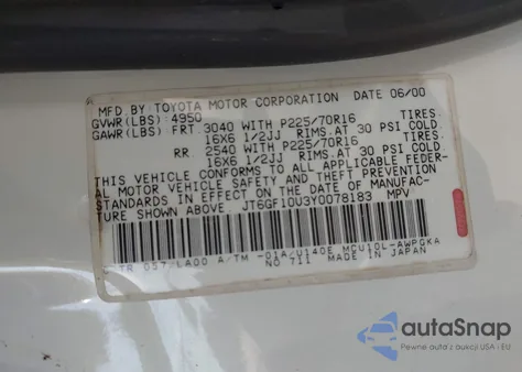 2000 Lexus Rx 300 z USA, uszkodzony, nr VIN JT6GF10U3Y0078183